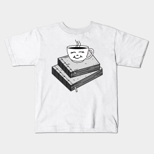 Cute Black and White Coffee Sitting on Books Kids T-Shirt